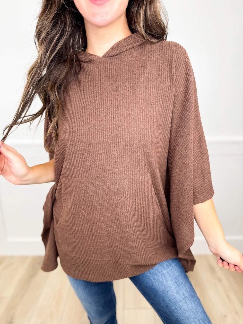 Dear Scarlett Ribbed Short Sleeve Hooded Poncho Top Mocha Brown XL/2XL